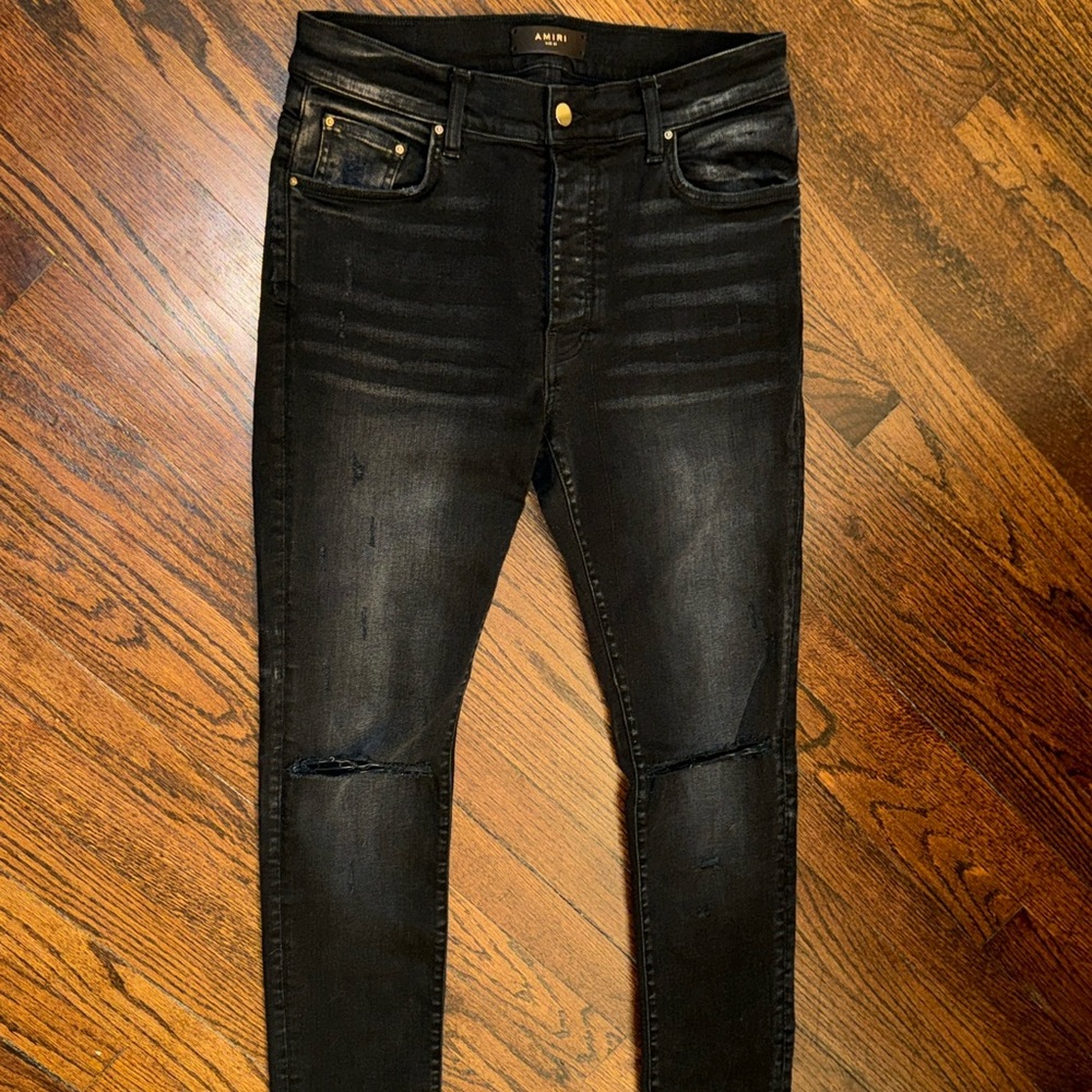 Amiri Stack Denim Jeans Slit Knee Black Faded Size 32 100% Authentic